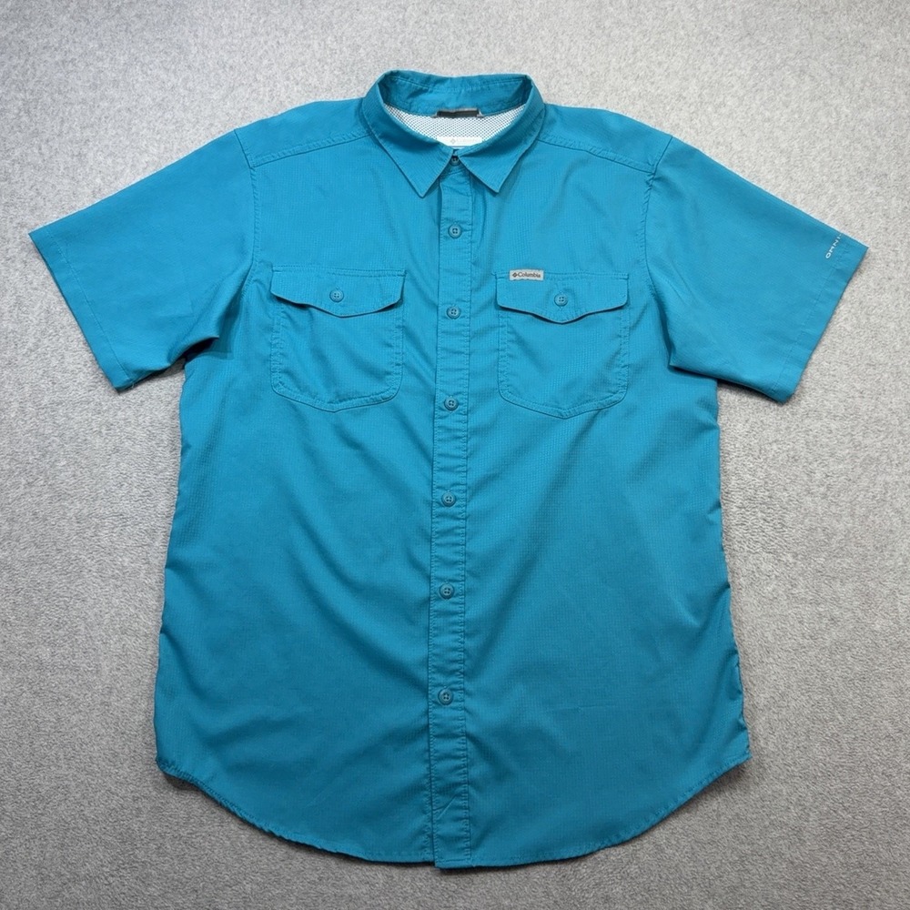 Columbia Utilizer Shirt Mens Small Blue Solid Short Sleeve Button Fishing Vented